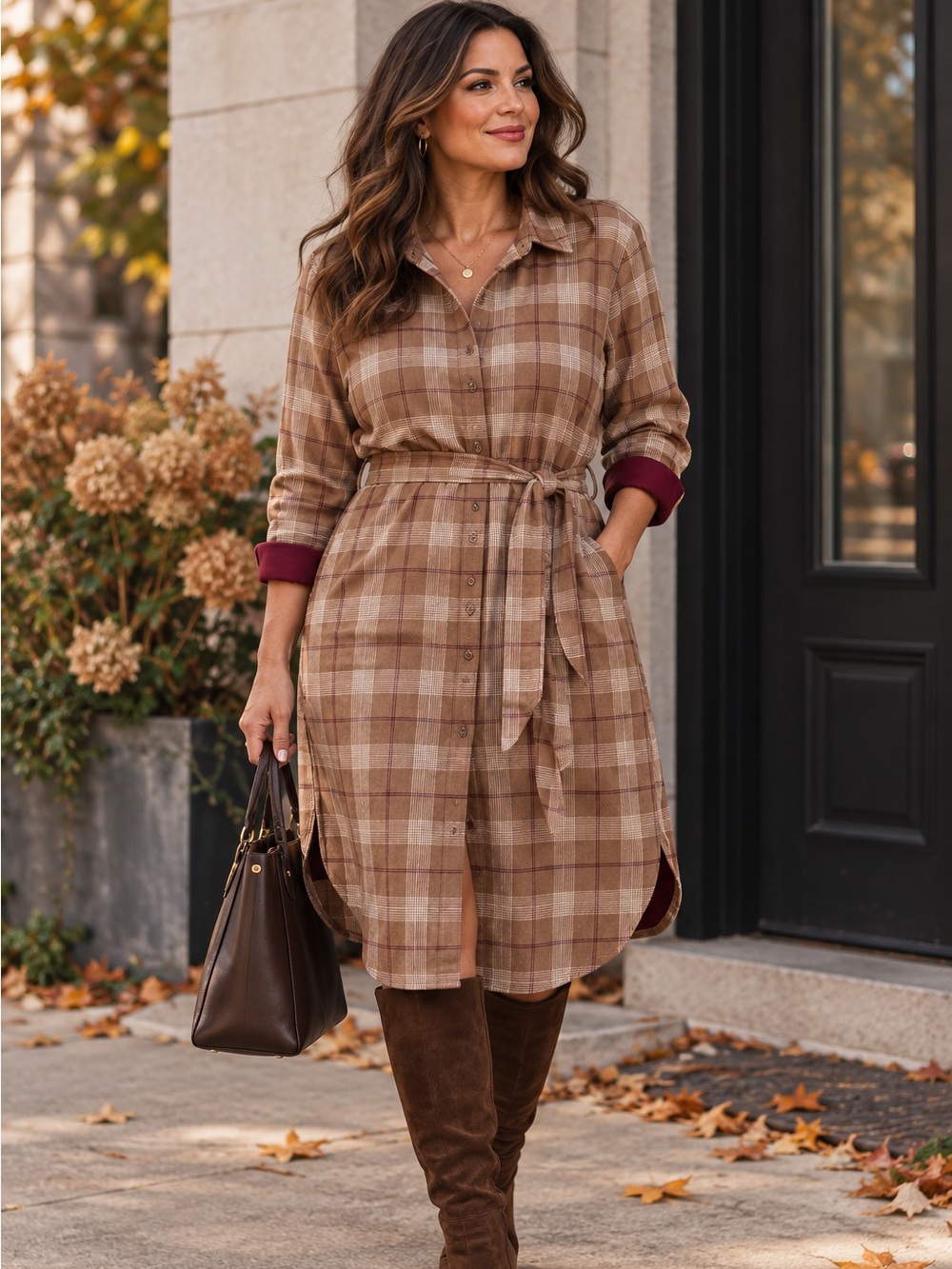 Kit and Ace Plaid Belted Shirt Dress Brown Burgundy Long Sleeve Midi
